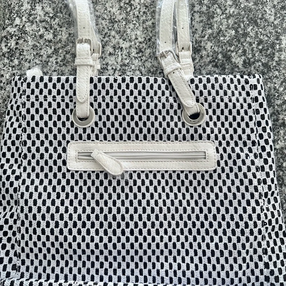 NWT White Woven Tote Bag with Decorative Cross Accent